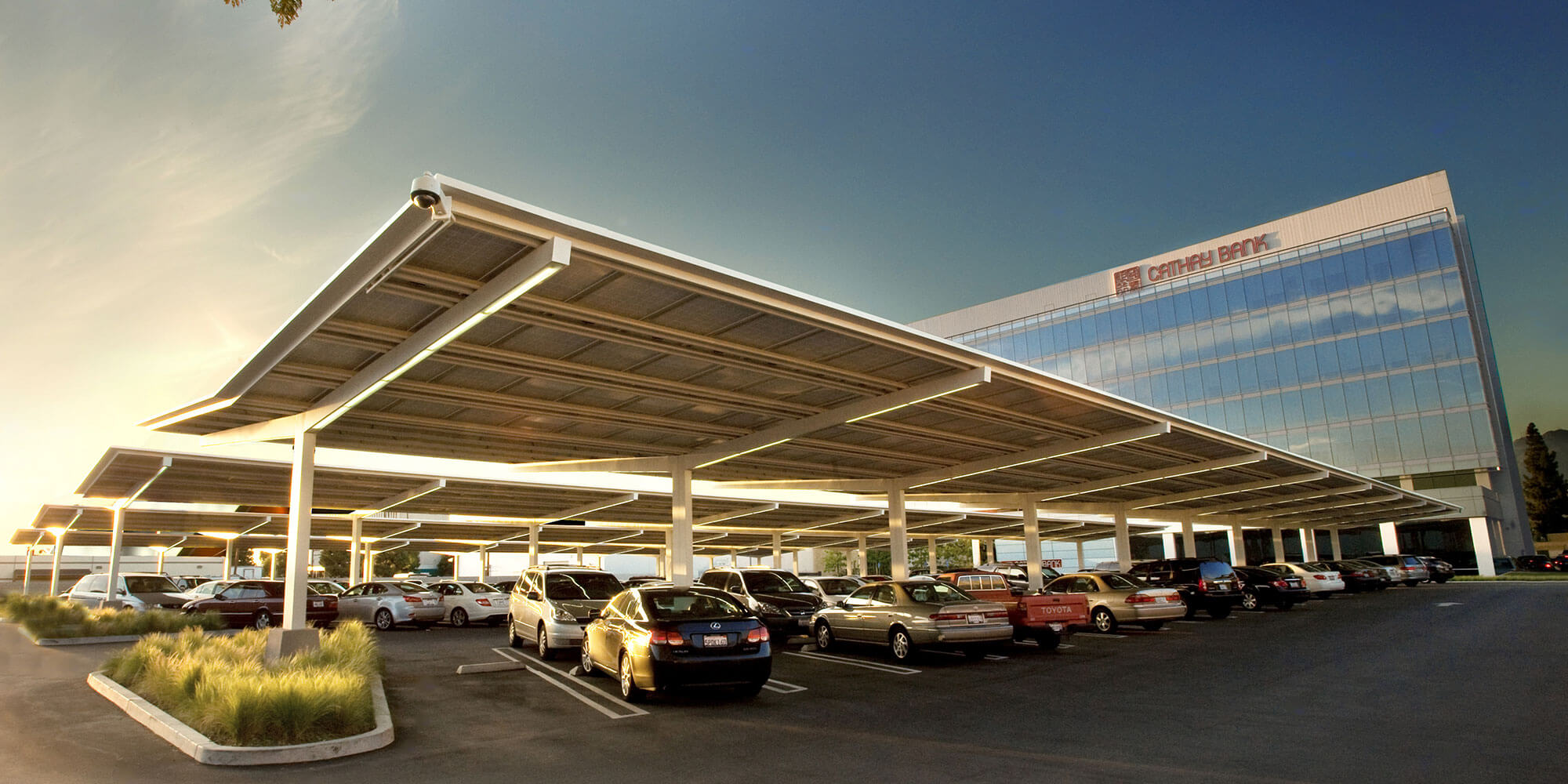 Covered parking area outside Cathay Bank