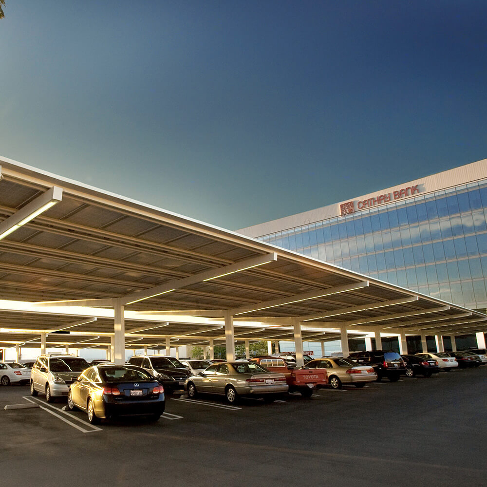 Covered parking area outside Cathay Bank