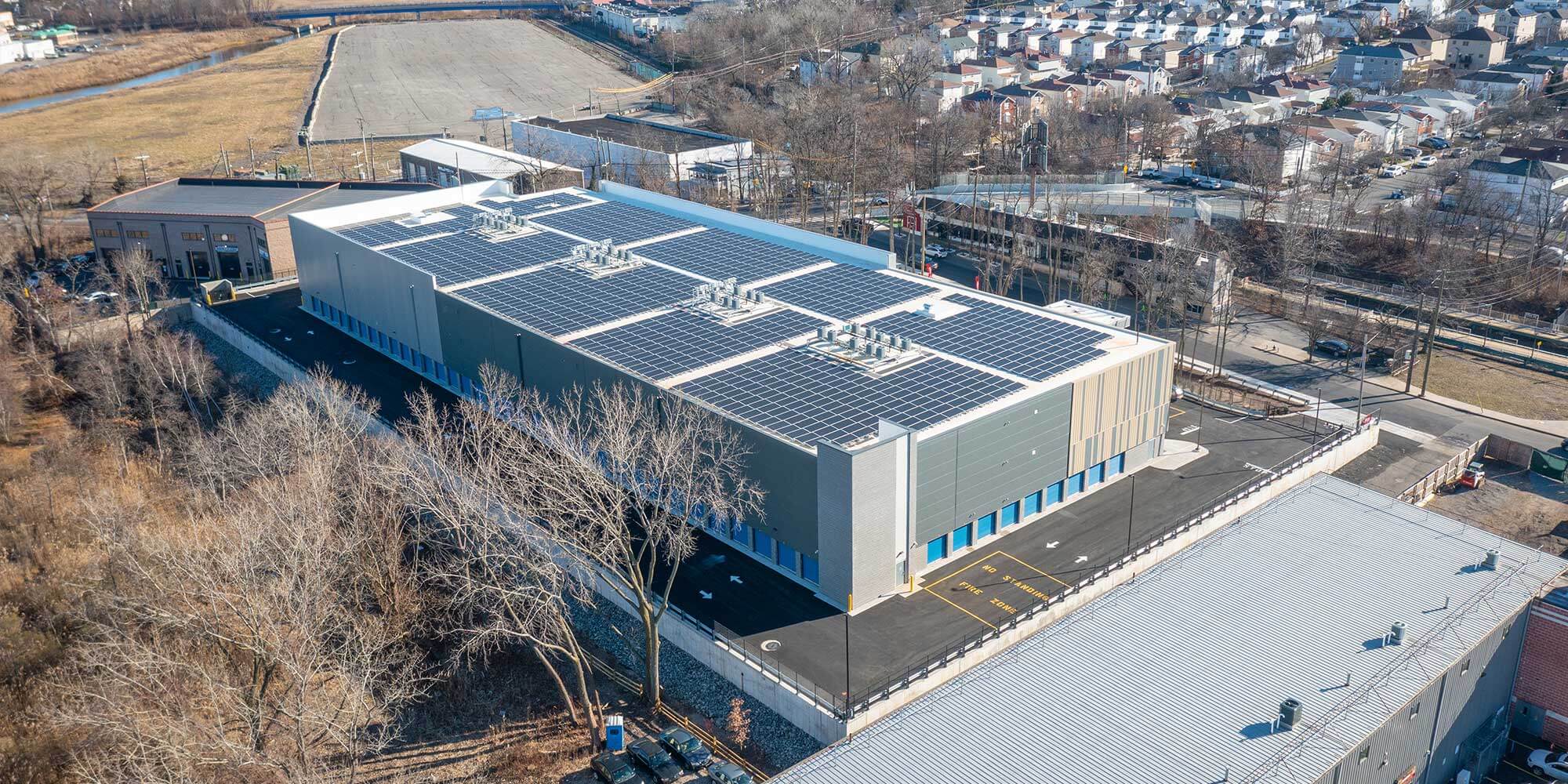 Business complex with multiple rooftop solar panels
