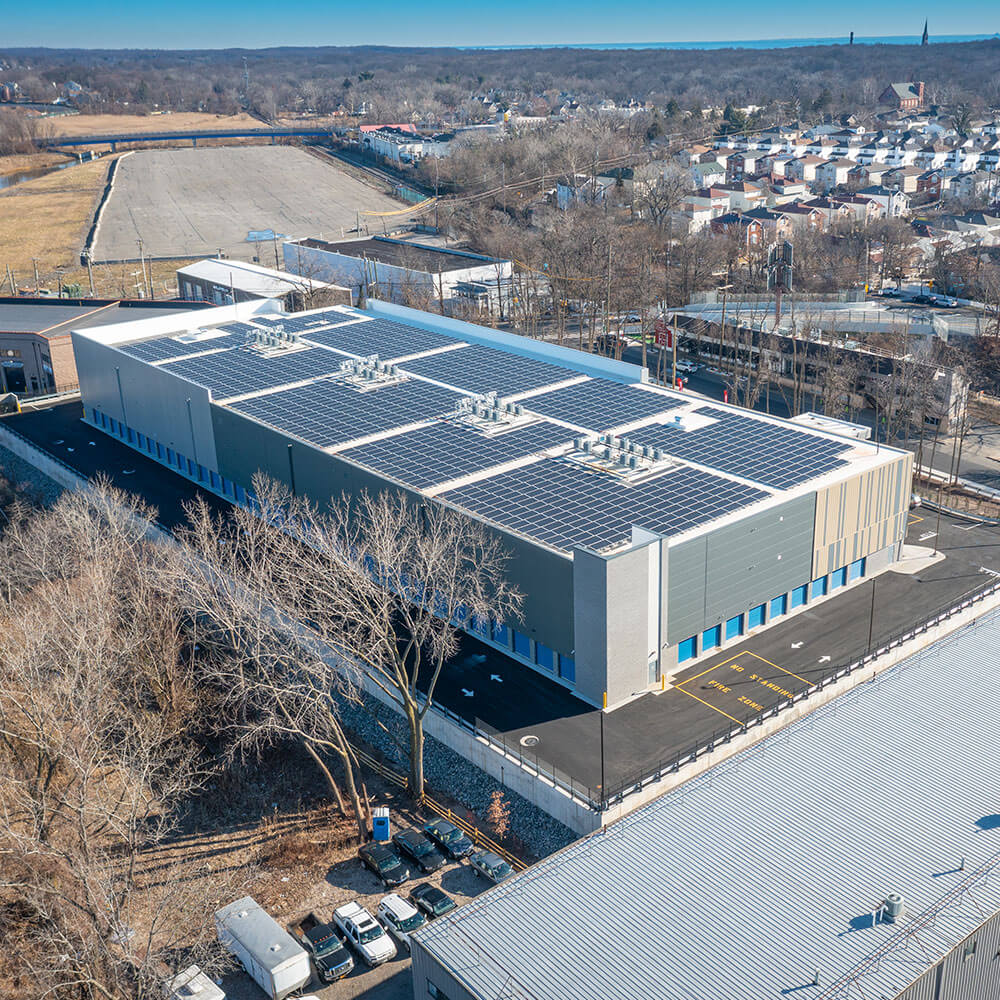 Business complex with multiple rooftop solar panels