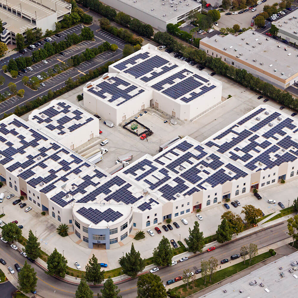 Large multi-building business complex covered with solar panels