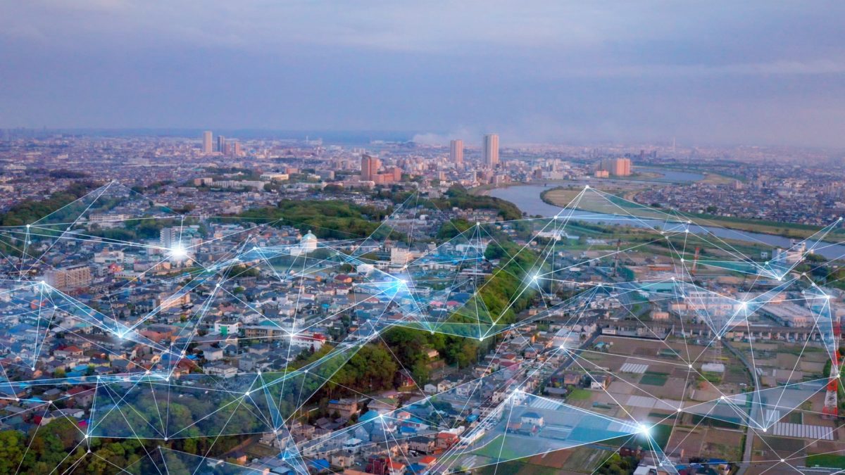 Artistic aerial view of city with geometric connections