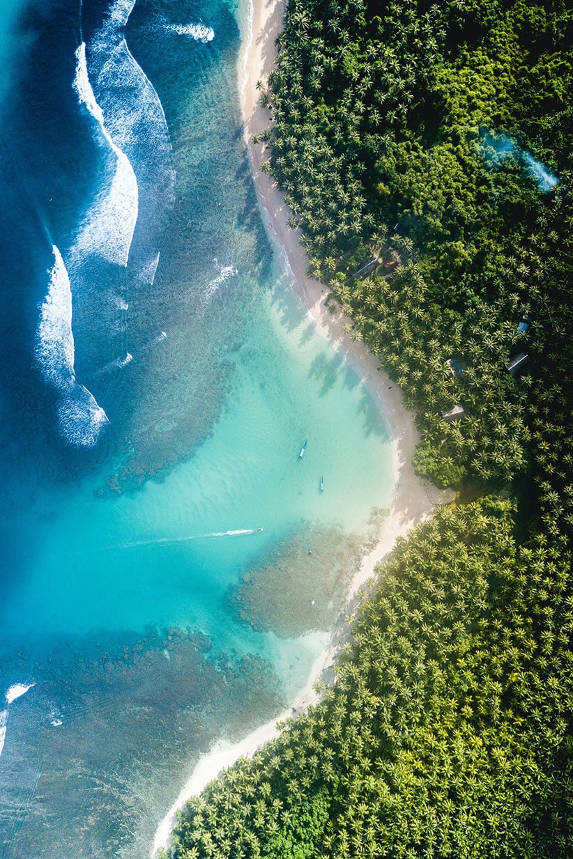 Drone view of a tropical island full of trees meeting blue ocean'