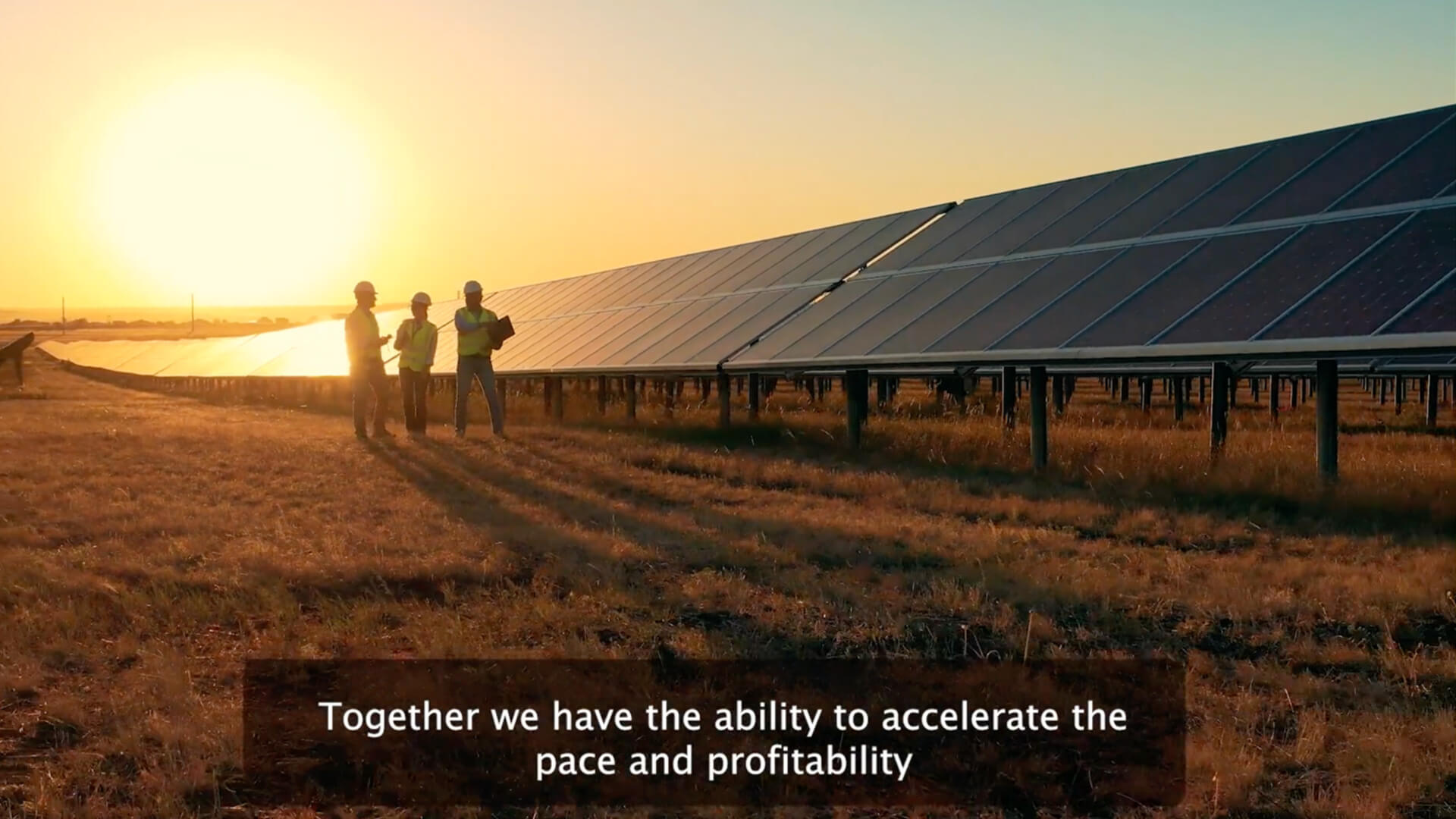 Play Video. 3 workers stand next to long rows of solar panels in a field